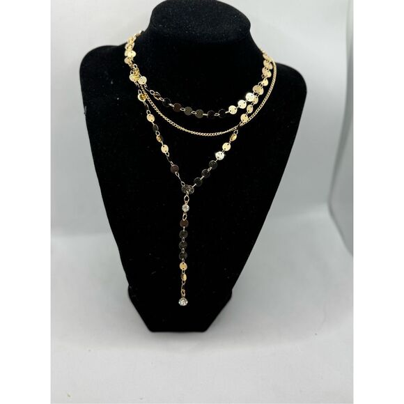 18k Yellow Gold Plated Disk Link 3-Layer Chain Crystal - Picture 2 of 6